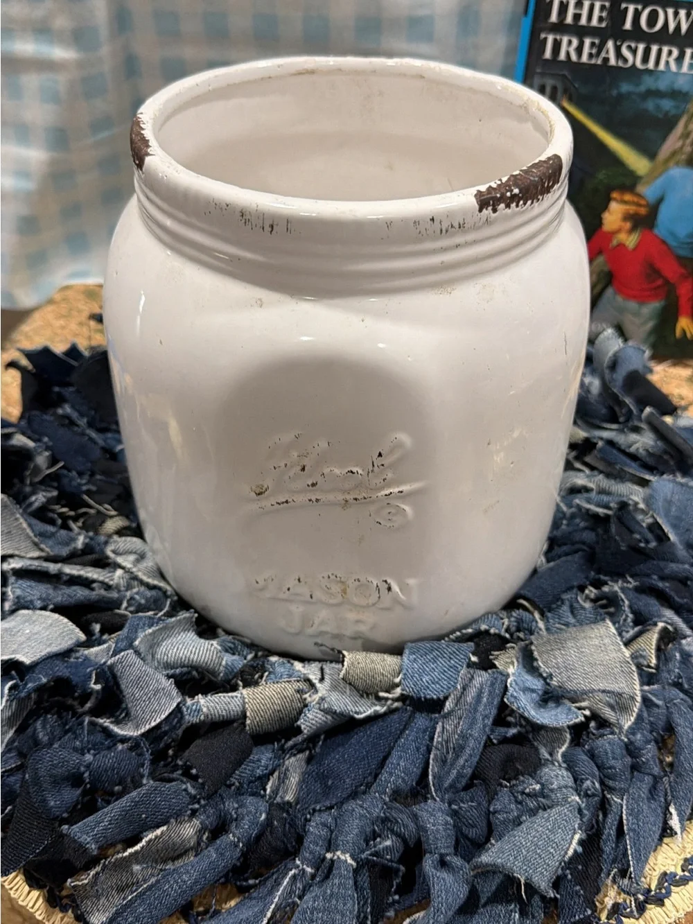 White Mason Jar Ceramic Vase - Rustic Kitchen farmhouse